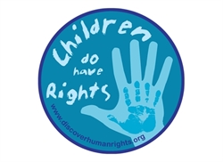 [ai] A circular logo with a blue background featuring the text 'Children do have Rights' in white. A handprint is also depicted in the center, with the website 'www.discoverhumanrights.org' at the bottom.